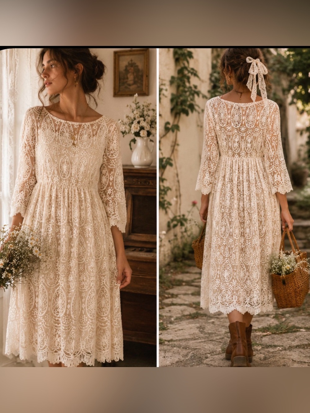 Nurture Vintage Inspired Cream Lace Boho Cottagecore Long Sleeve Midi Dress